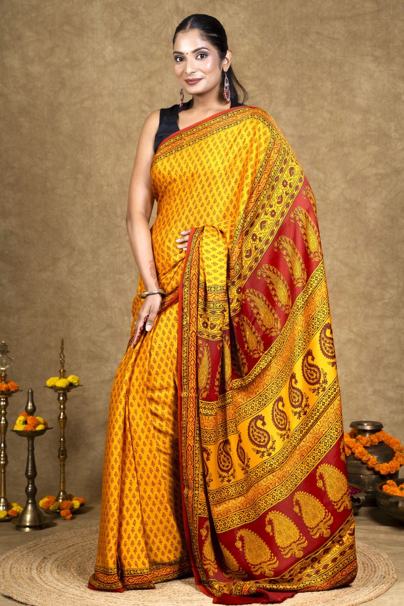 Yellow Hand Block Printed Modal Silk Bagh Saree