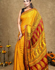 Yellow Hand Block Printed Modal Silk Bagh Saree