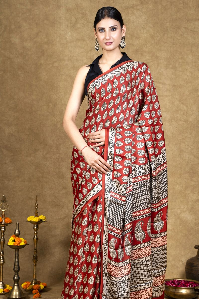 Red Bagh Hand Block Printed Modal Silk Saree