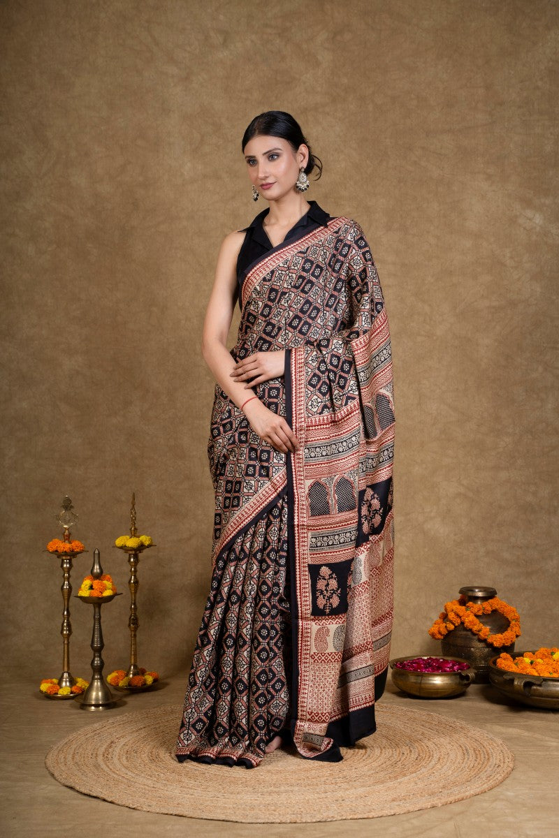 Black &amp; Rust Bagh Hand Block Printed Modal Silk Saree