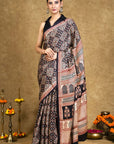 Black & Rust Bagh Hand Block Printed Modal Silk Saree