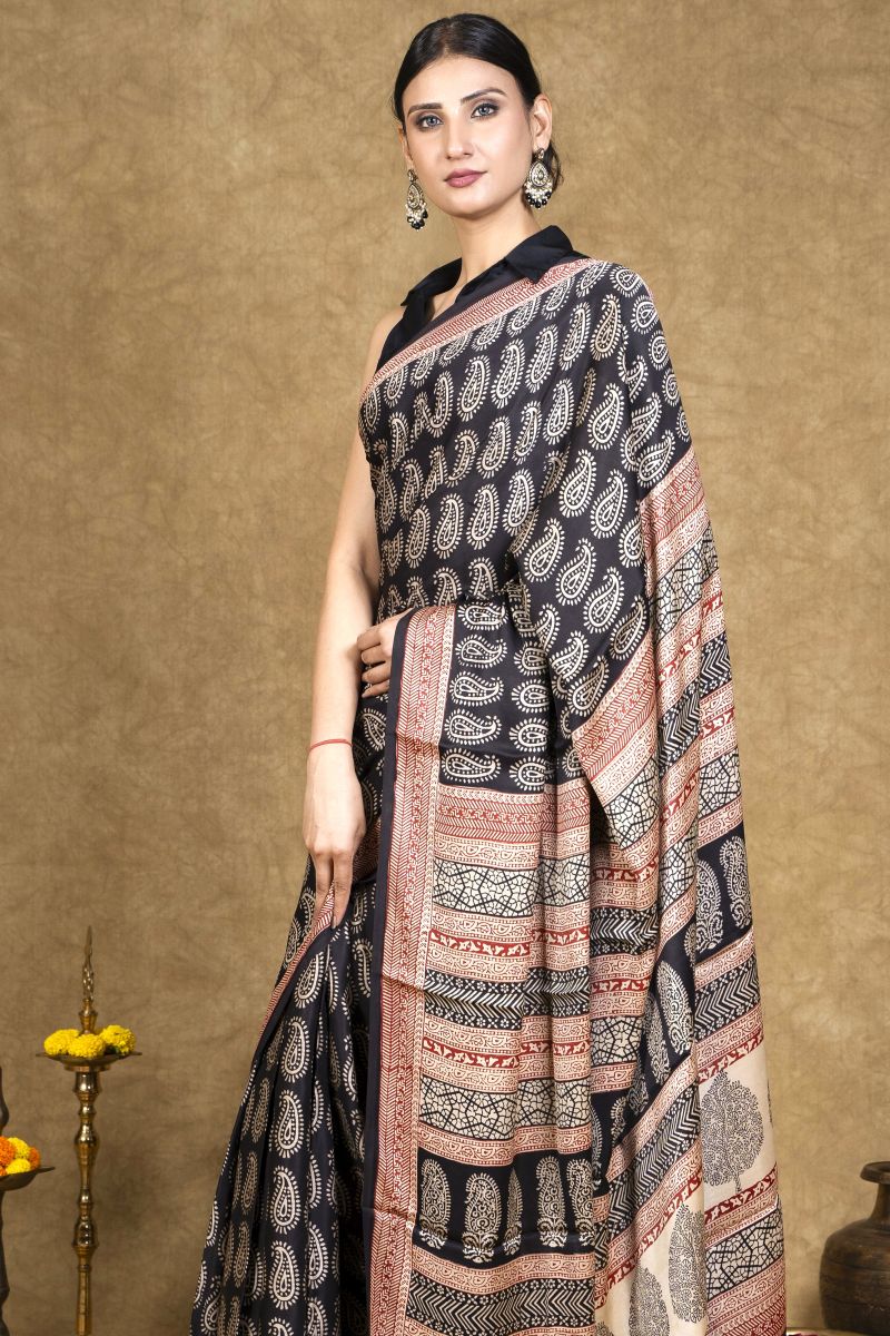 Black Hand Block Printed Modal Silk Bagh Saree