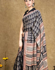 Black Hand Block Printed Modal Silk Bagh Saree