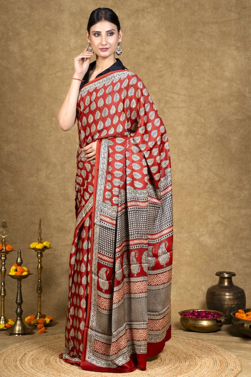 Red Leaf Bagh Hand Block Printed Modal Silk Saree