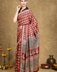 Red Leaf Bagh Hand Block Printed Modal Silk Saree
