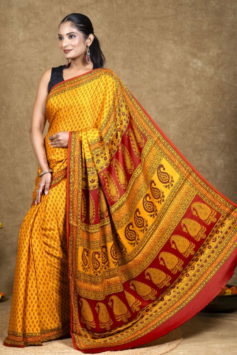 Yellow Bagh Hand Block Printed Modal Silk Saree