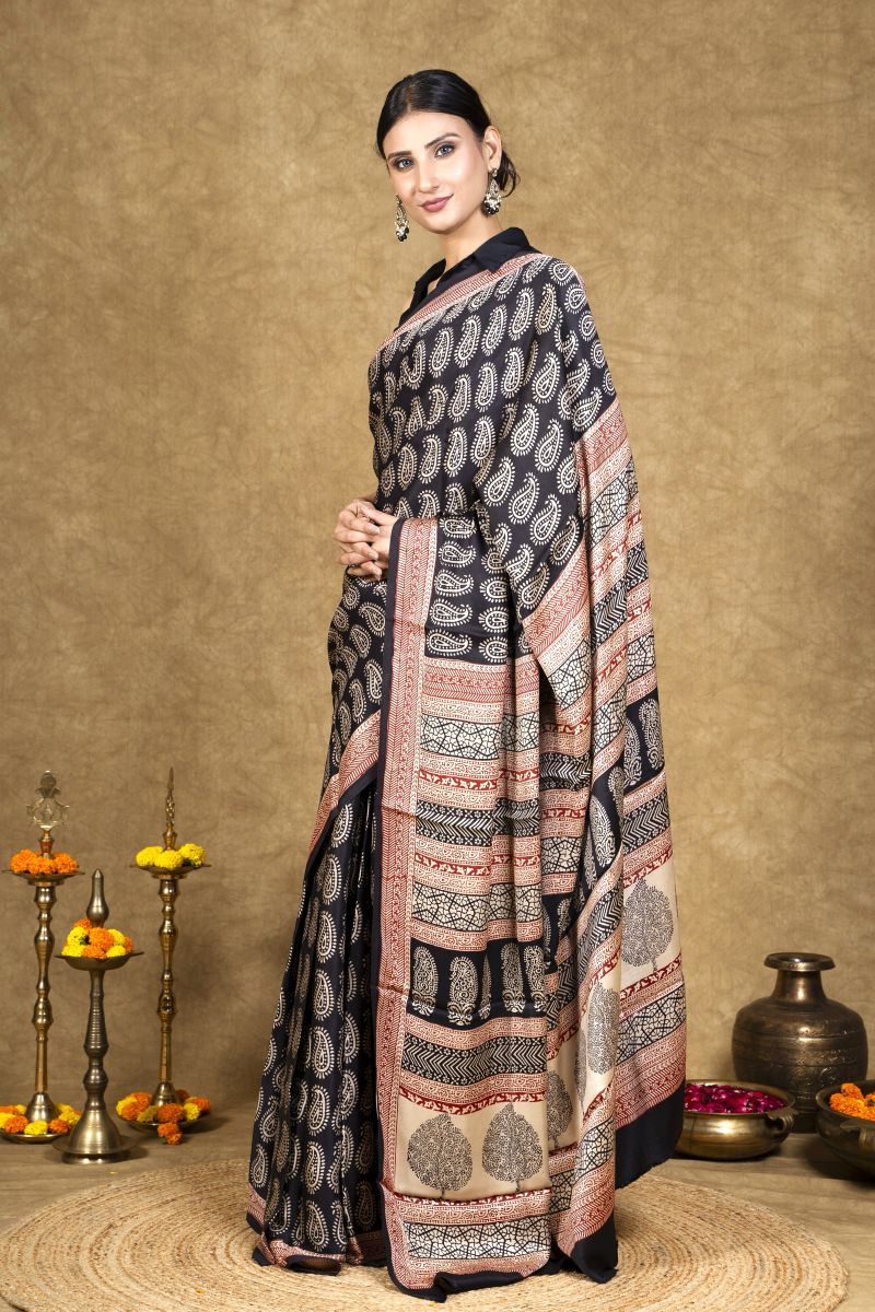 Black Hand Block Printed Modal Silk Bagh Saree