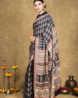 Black Hand Block Printed Modal Silk Bagh Saree