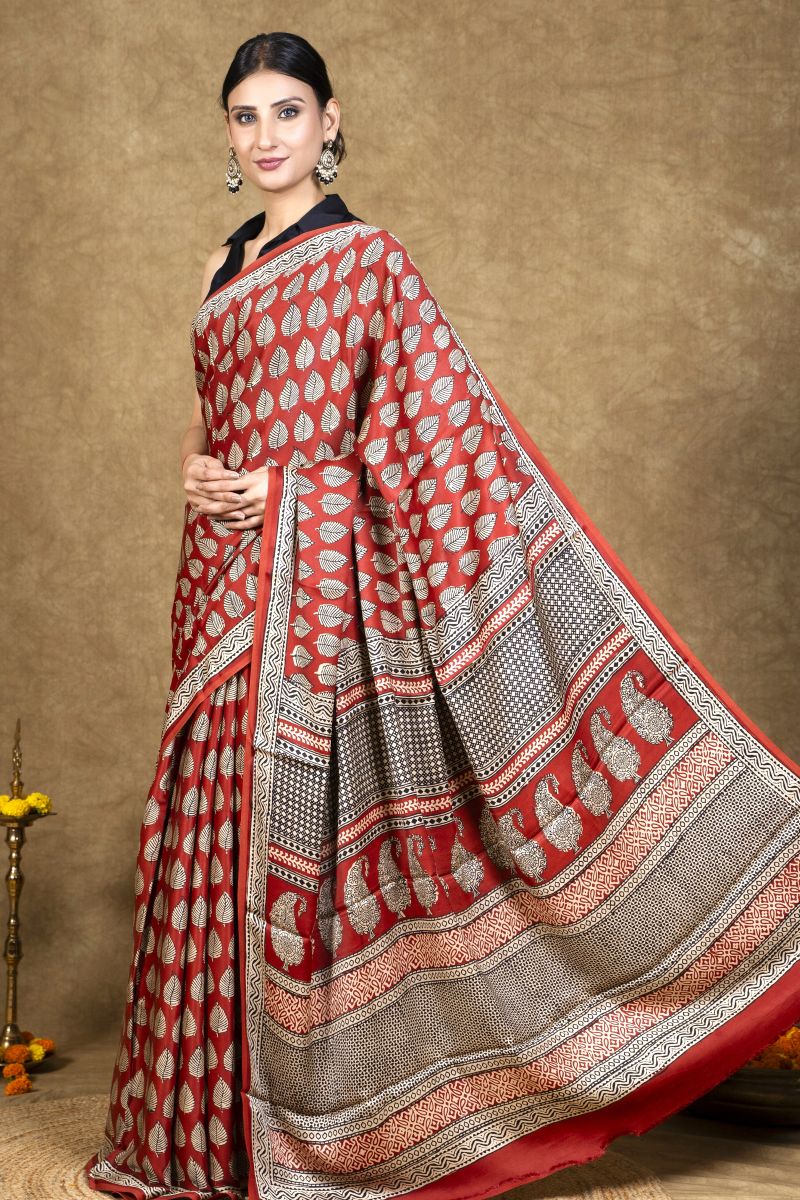 Red Leaf Bagh Hand Block Printed Modal Silk Saree