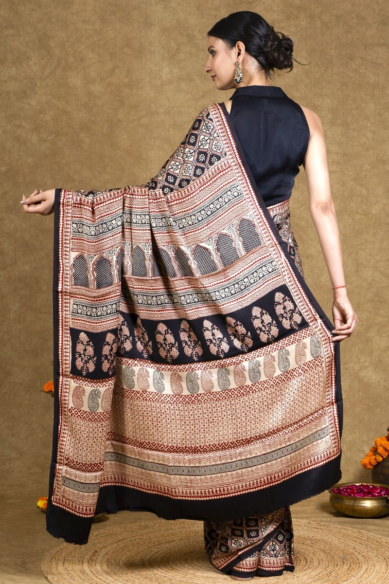 Black &amp; Rust Bagh Hand Block Printed Modal Silk Saree
