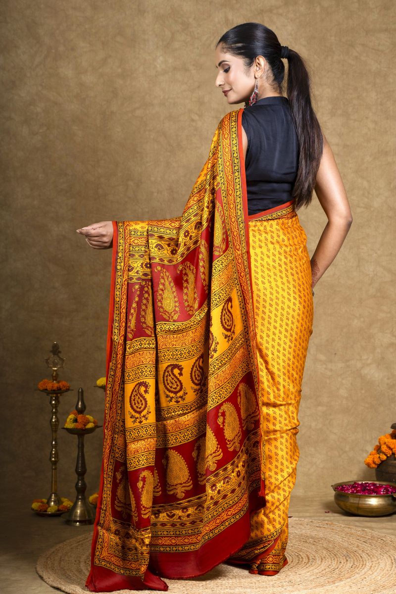 Yellow Hand Block Printed Modal Silk Bagh Saree