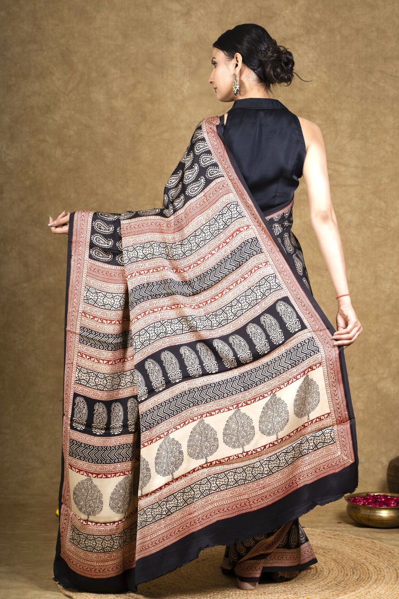 Black Hand Block Printed Modal Silk Bagh Saree