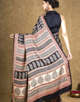 Black Hand Block Printed Modal Silk Bagh Saree