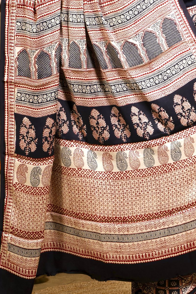 Black &amp; Rust Bagh Hand Block Printed Modal Silk Saree