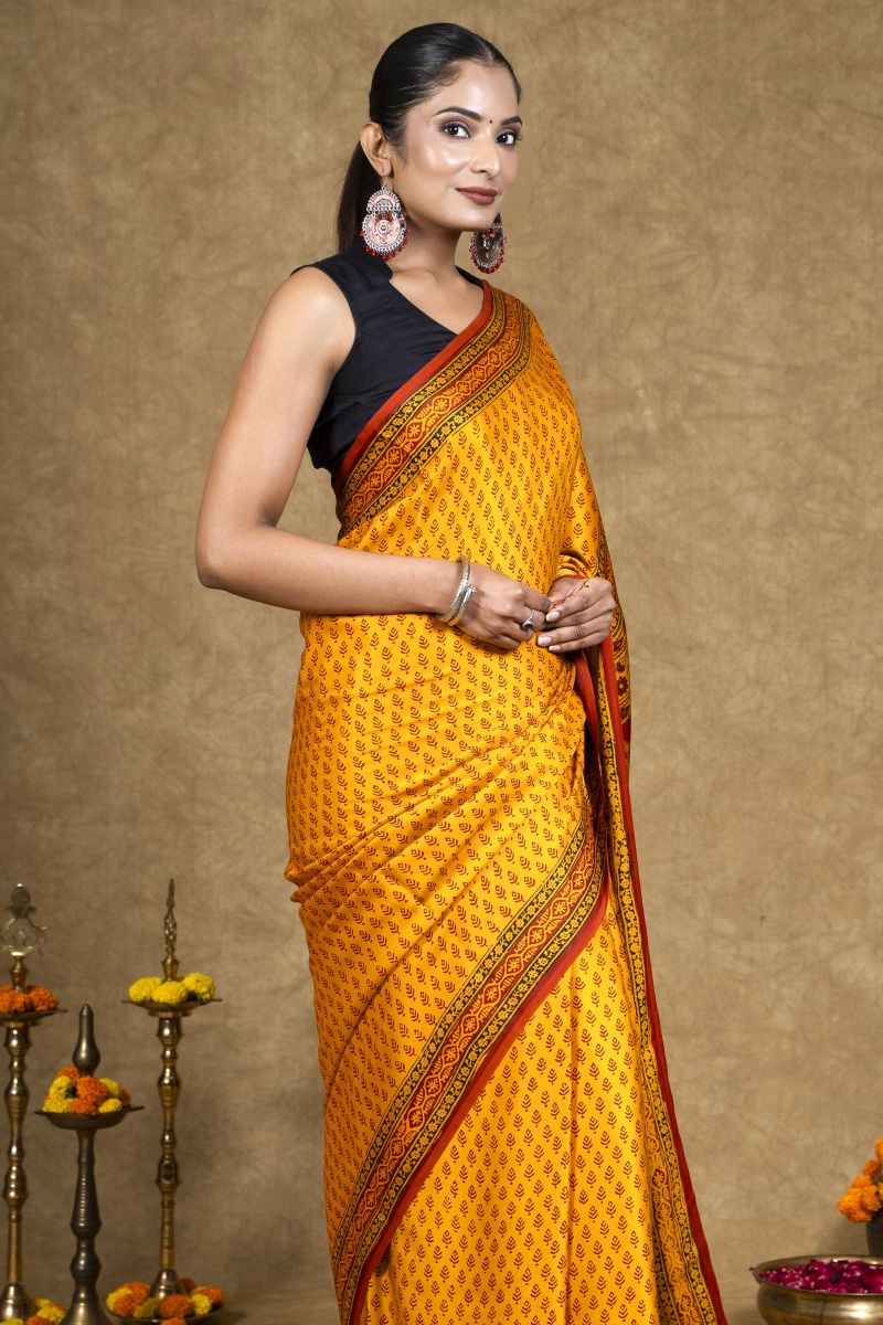 Yellow Hand Block Printed Modal Silk Saree