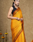Yellow Hand Block Printed Modal Silk Saree