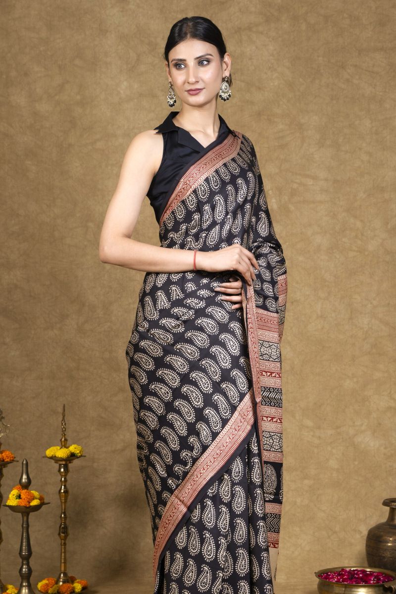 Black Hand Block Printed Modal Silk Bagh Saree