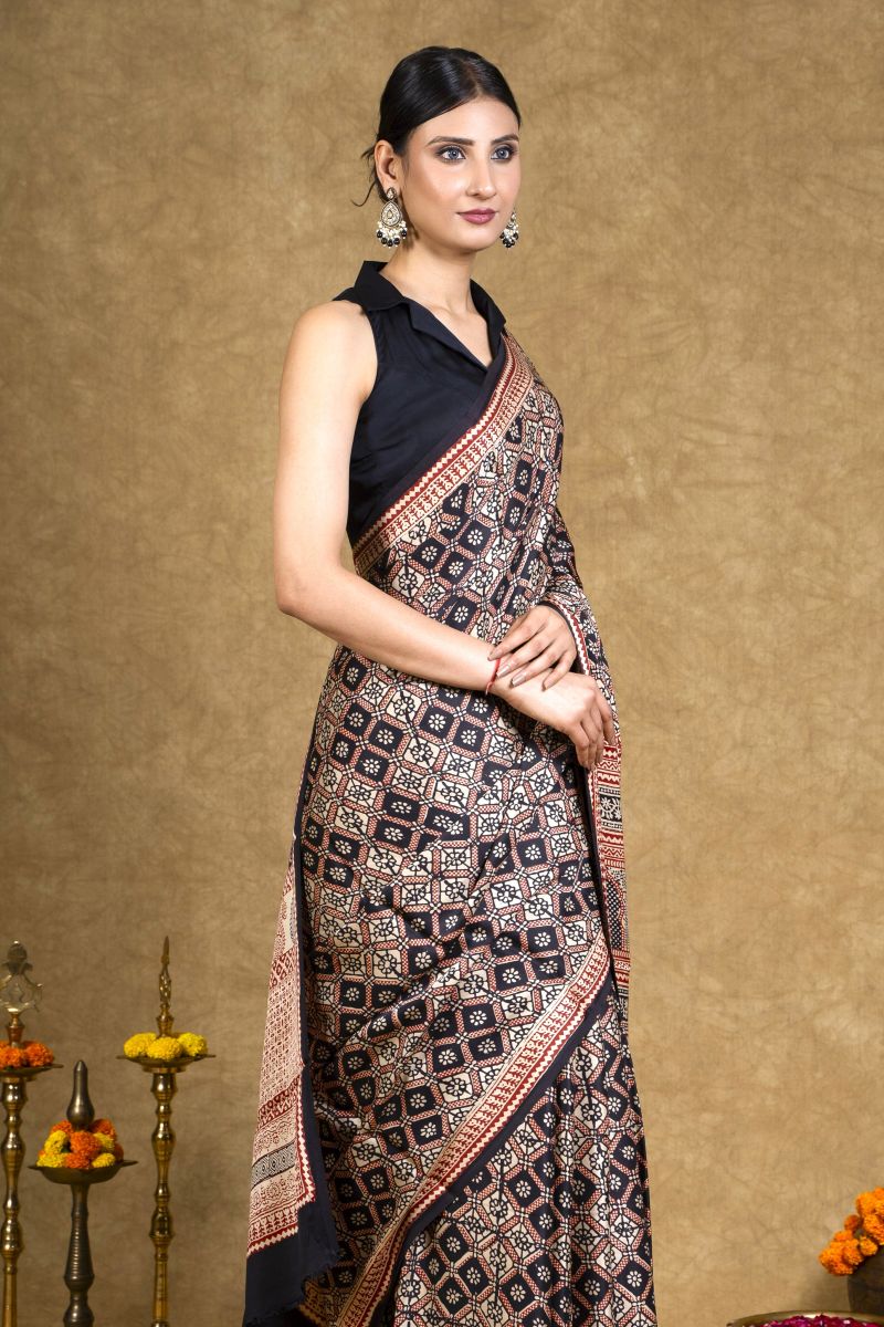 Black &amp; Rust Bagh Hand Block Printed Modal Silk Saree