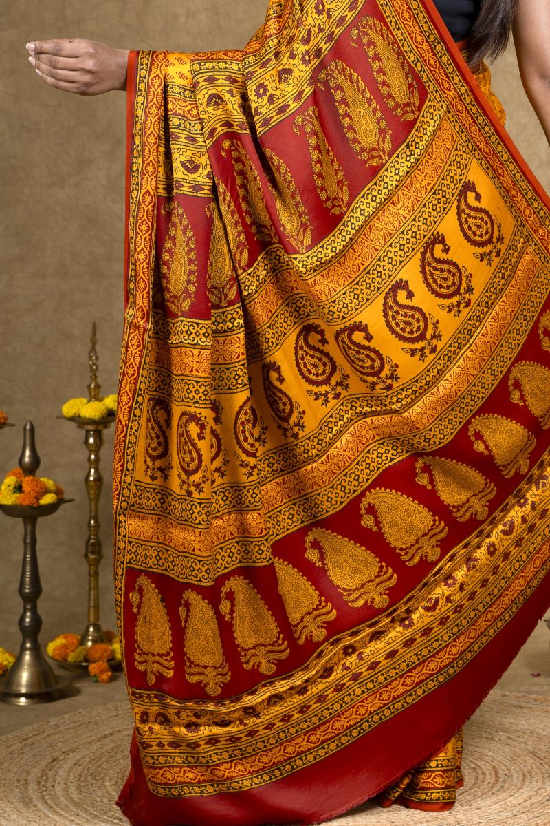 Yellow Hand Block Printed Modal Silk Bagh Saree