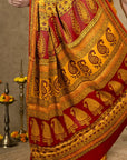 Yellow Hand Block Printed Modal Silk Bagh Saree