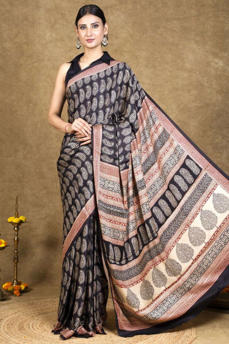 Black Bagh Hand Block Printed Modal Silk Saree