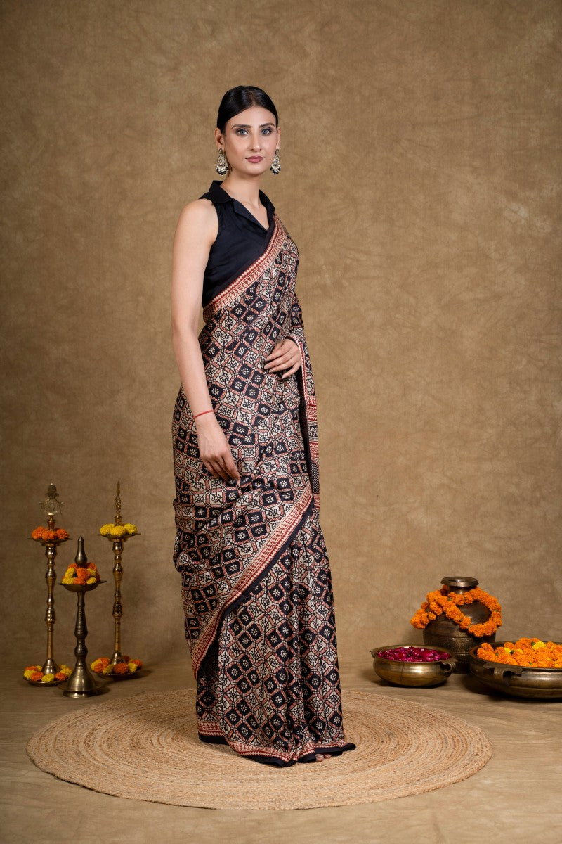 Black &amp; Rust Bagh Hand Block Printed Modal Silk Saree