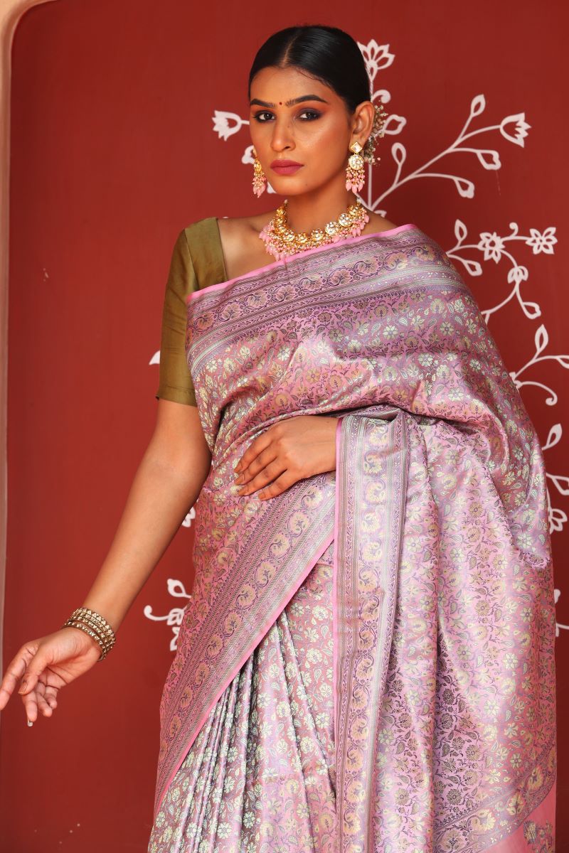 Pink Banarasi Jamawar Tanchoi Silk Saree
