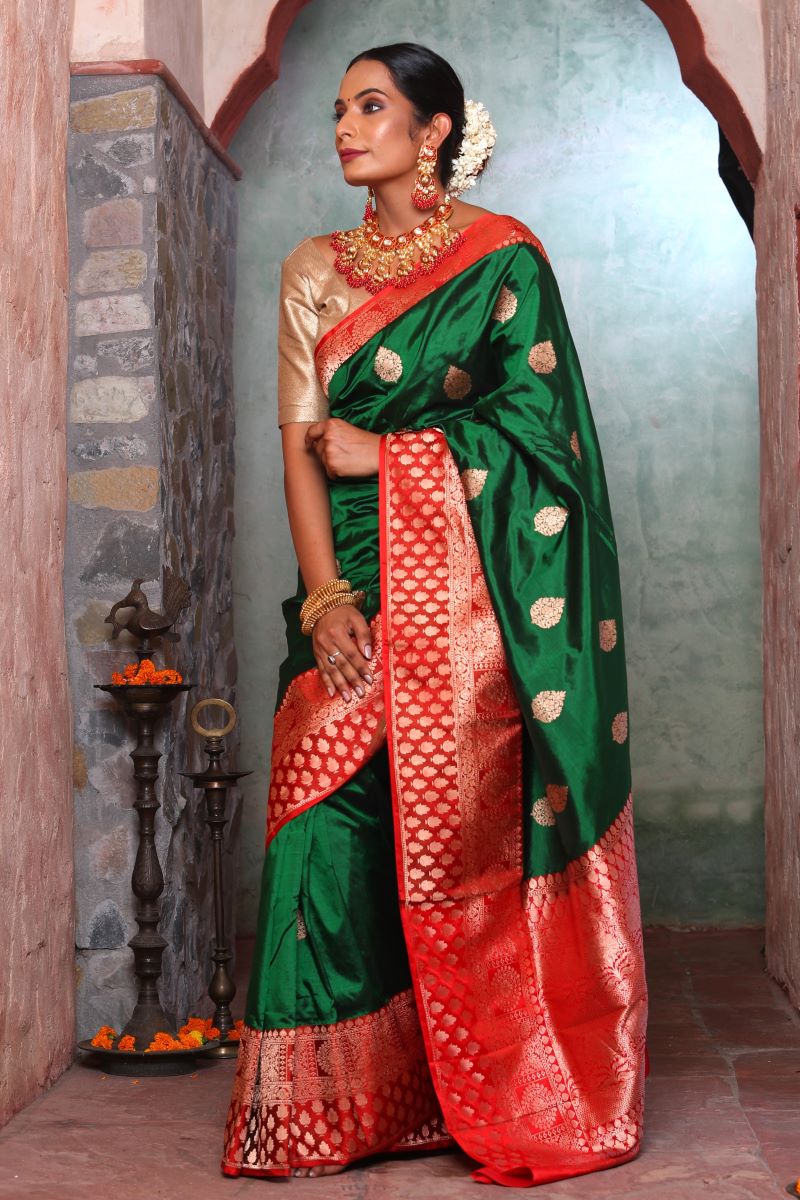 Banarasee Handwoven Pure Silk Cotton Saree With Zari Buti & Border-Dee