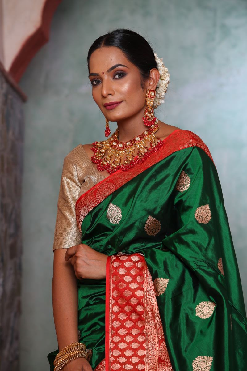 Buy Green With Red Combination Traditional Banarasi Handloom Saree With  Meenakari Work Banarasi Silk Saree Kaash Collection Online in India - Etsy