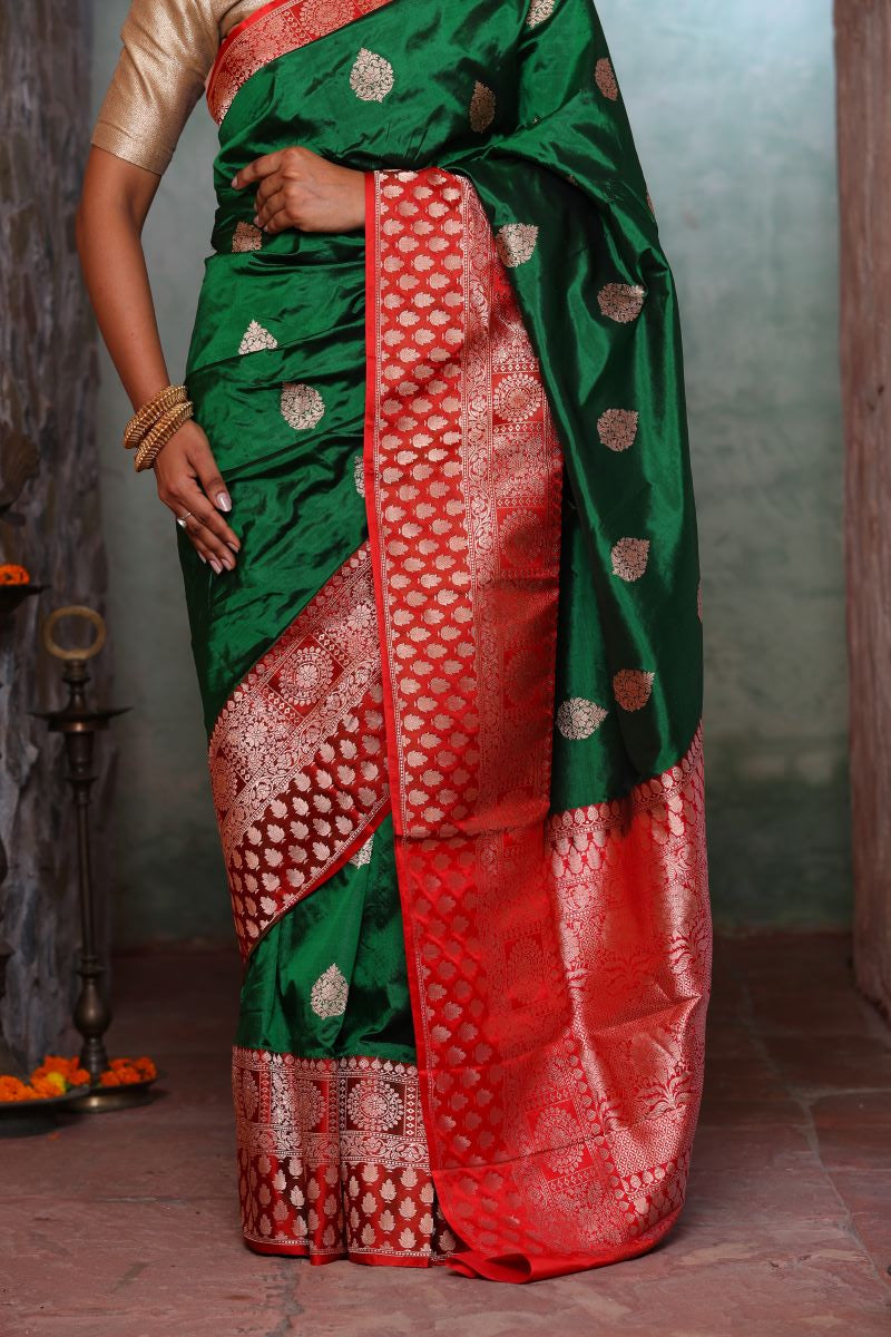 Green Red Banarasi Katan Silk Saree