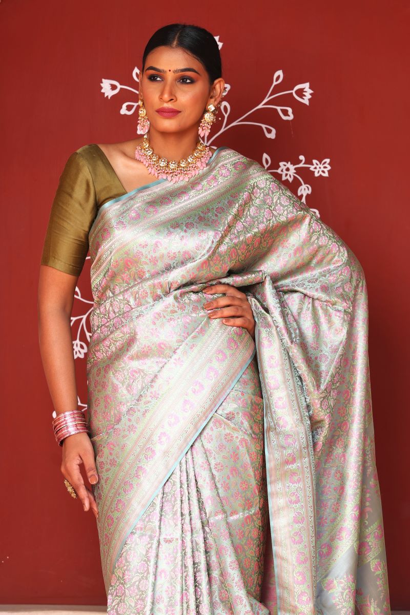 Buy Online Grey Floral Print Chiffon Banarasi Saree with Yellow Border –  Pure Elegance