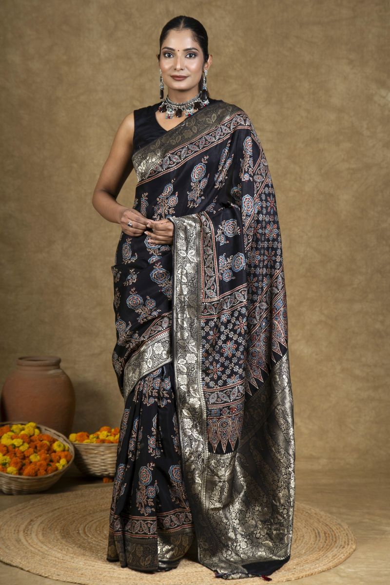 Black Dola Silk Ajrakh Saree