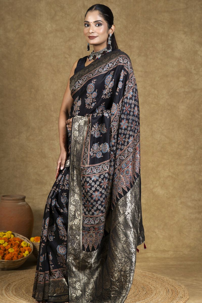 Black Dola Silk Ajrakh Saree