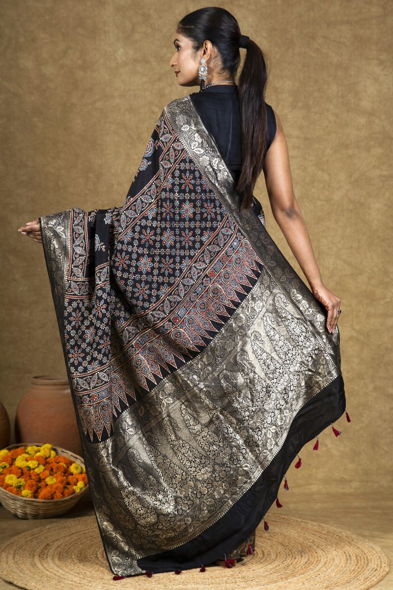 Black Dola Silk Ajrakh Saree