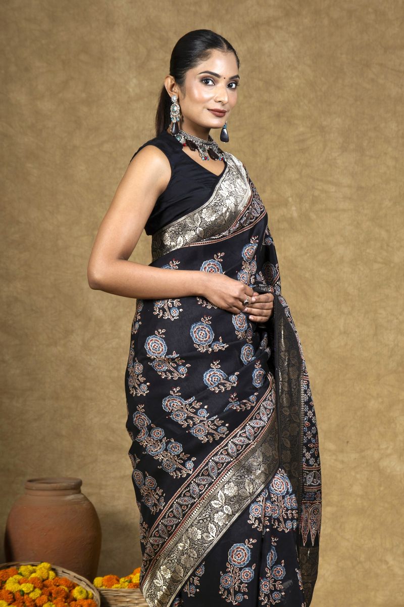 Black Dola Silk Ajrakh Saree