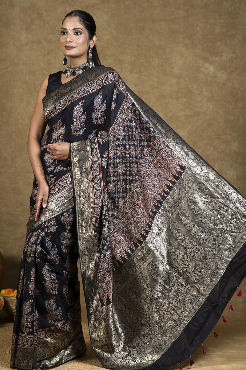 Black Dola Silk Ajrakh Saree
