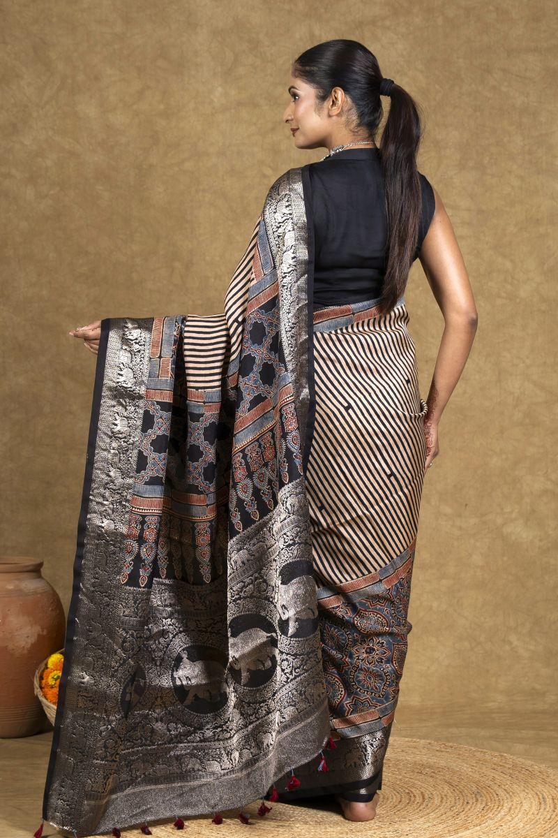 Black Stria String Dola Silk Ajrakh Saree