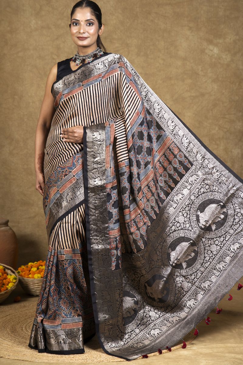 Black Stria String Dola Silk Ajrakh Saree