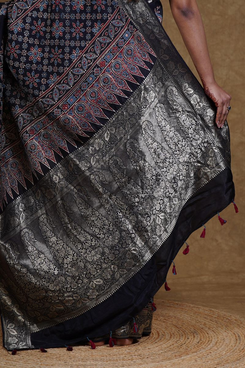 Black Dola Silk Ajrakh Saree