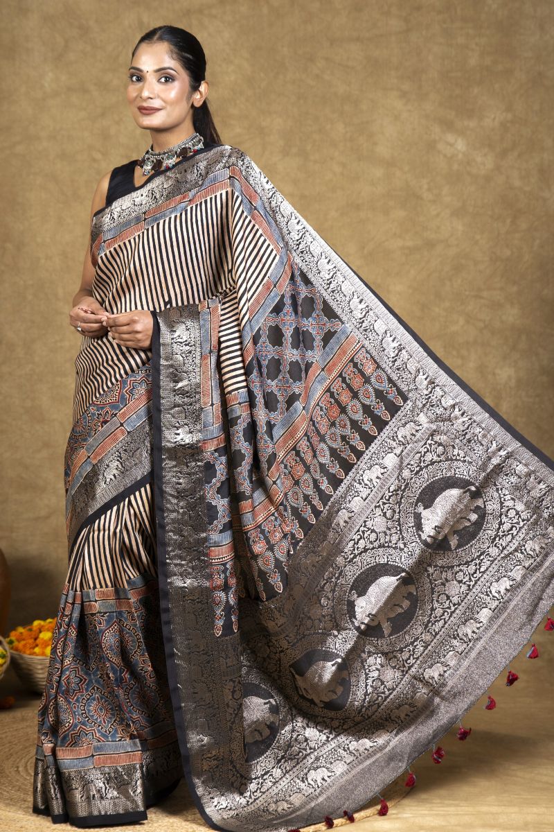 Black Stria String Dola Silk Ajrakh Saree
