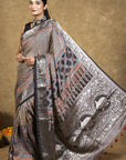 Black Stria String Dola Silk Ajrakh Saree