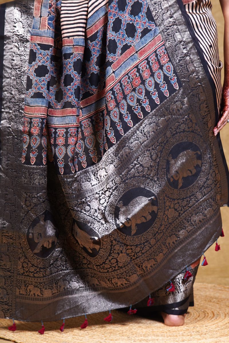 Black Stria String Dola Silk Ajrakh Saree