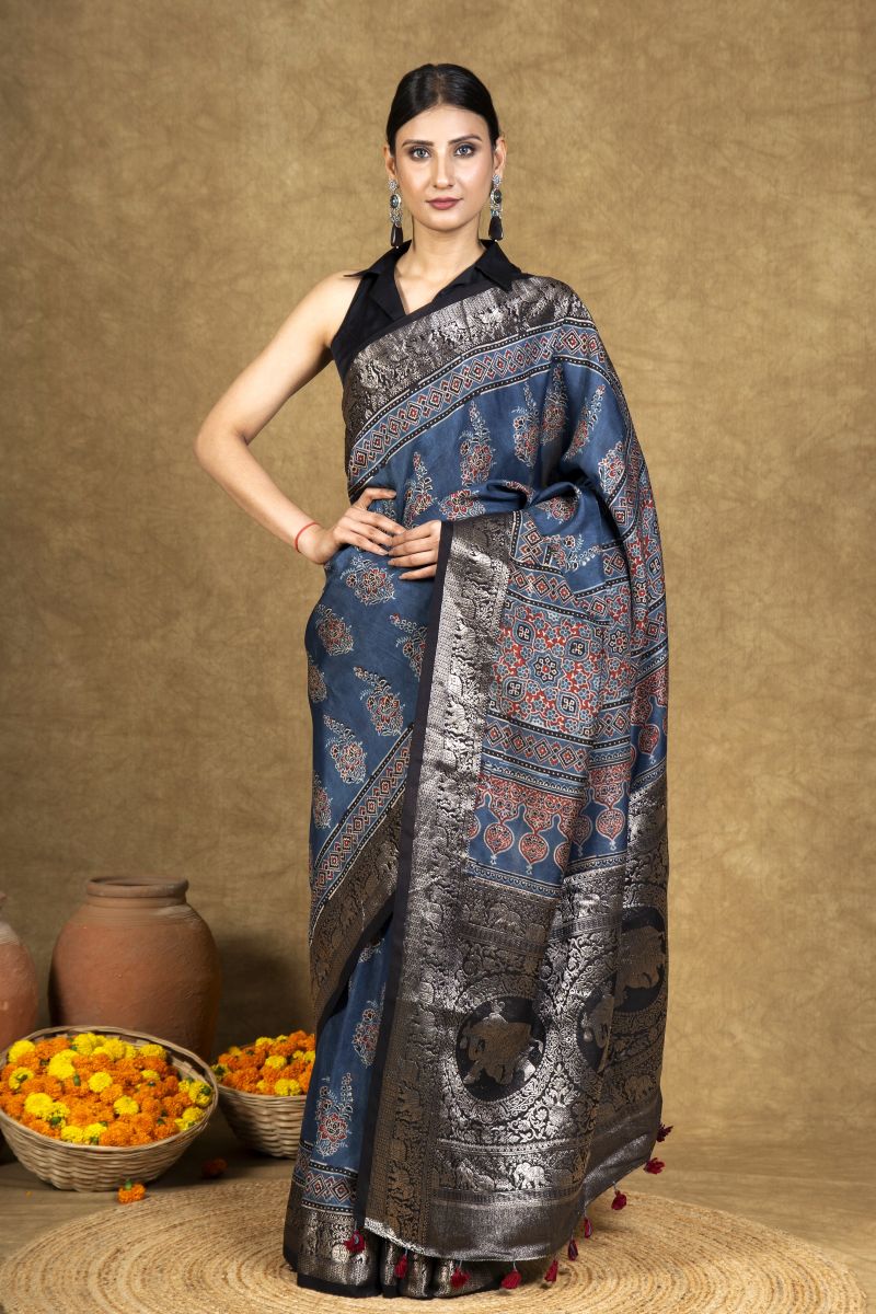 Blue Dola Silk Ajrakh Saree