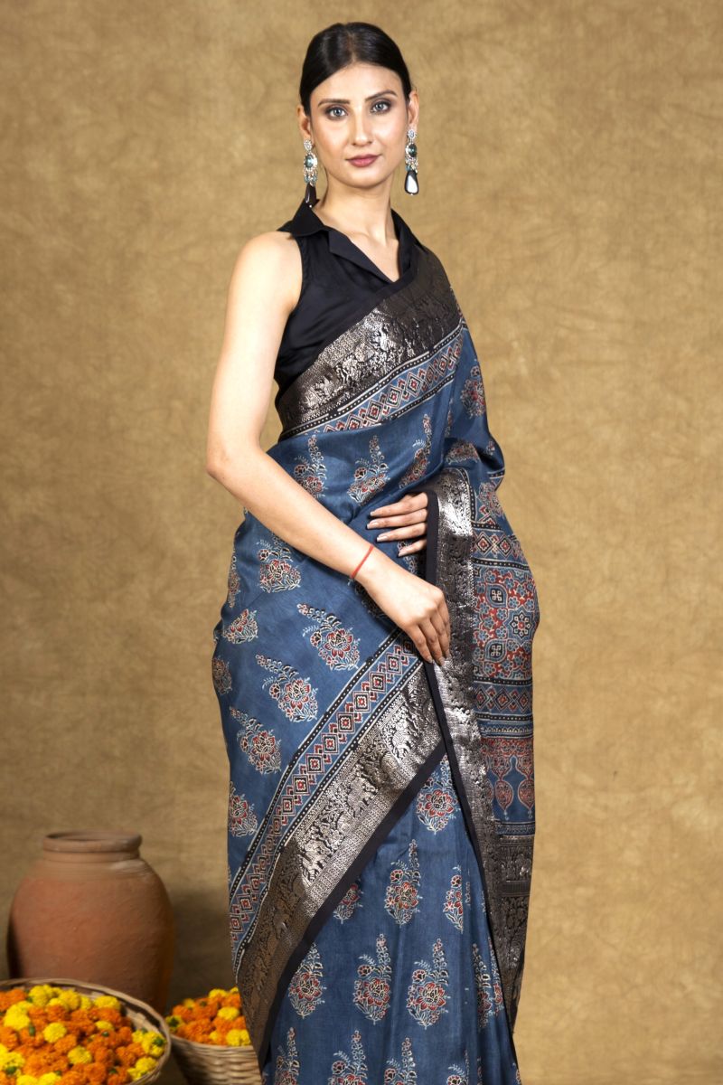 Blue Dola Silk Ajrakh Saree