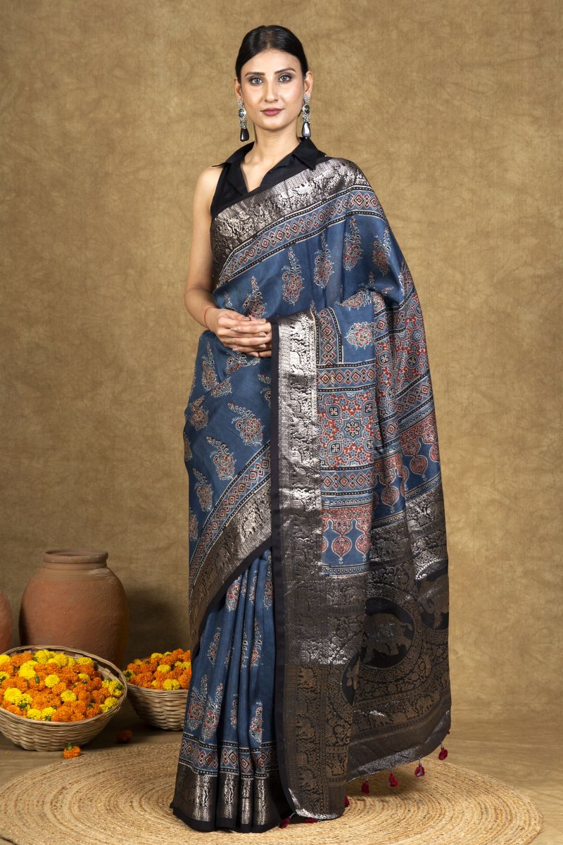 Blue Dola Silk Ajrakh Saree
