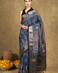 Blue Dola Silk Ajrakh Saree