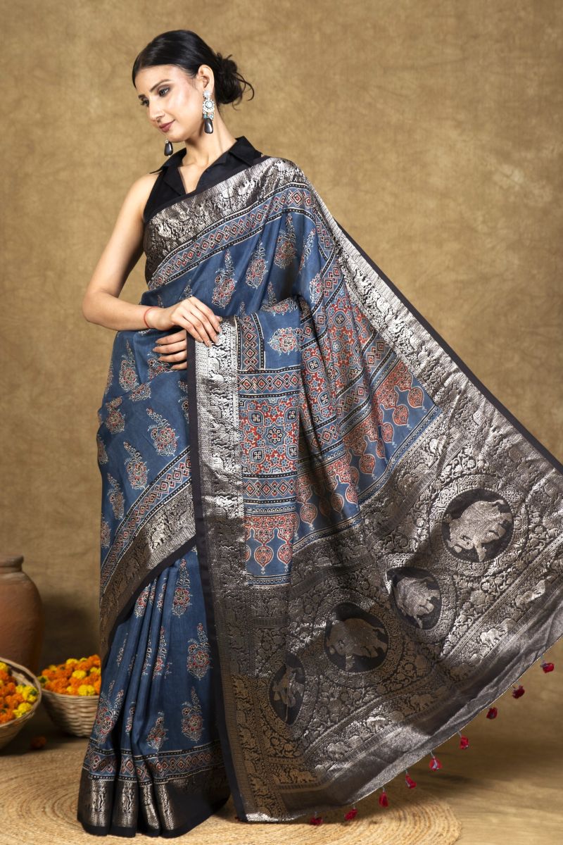 Blue Dola Silk Ajrakh Saree