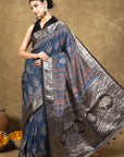 Blue Dola Silk Ajrakh Saree