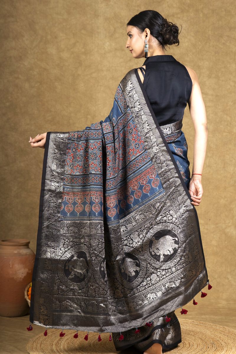 Blue Gulzar Dola Silk Ajrakh Saree