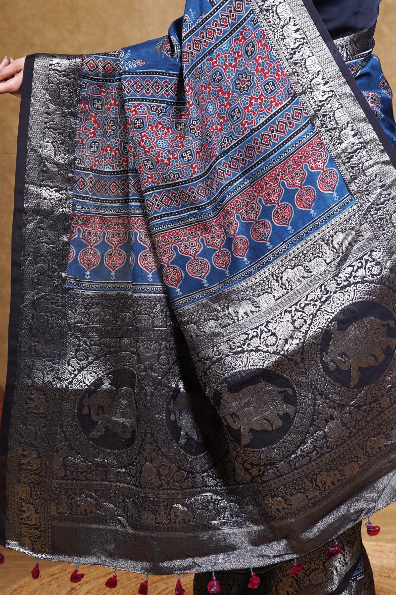 Blue Gulzar Dola Silk Ajrakh Saree